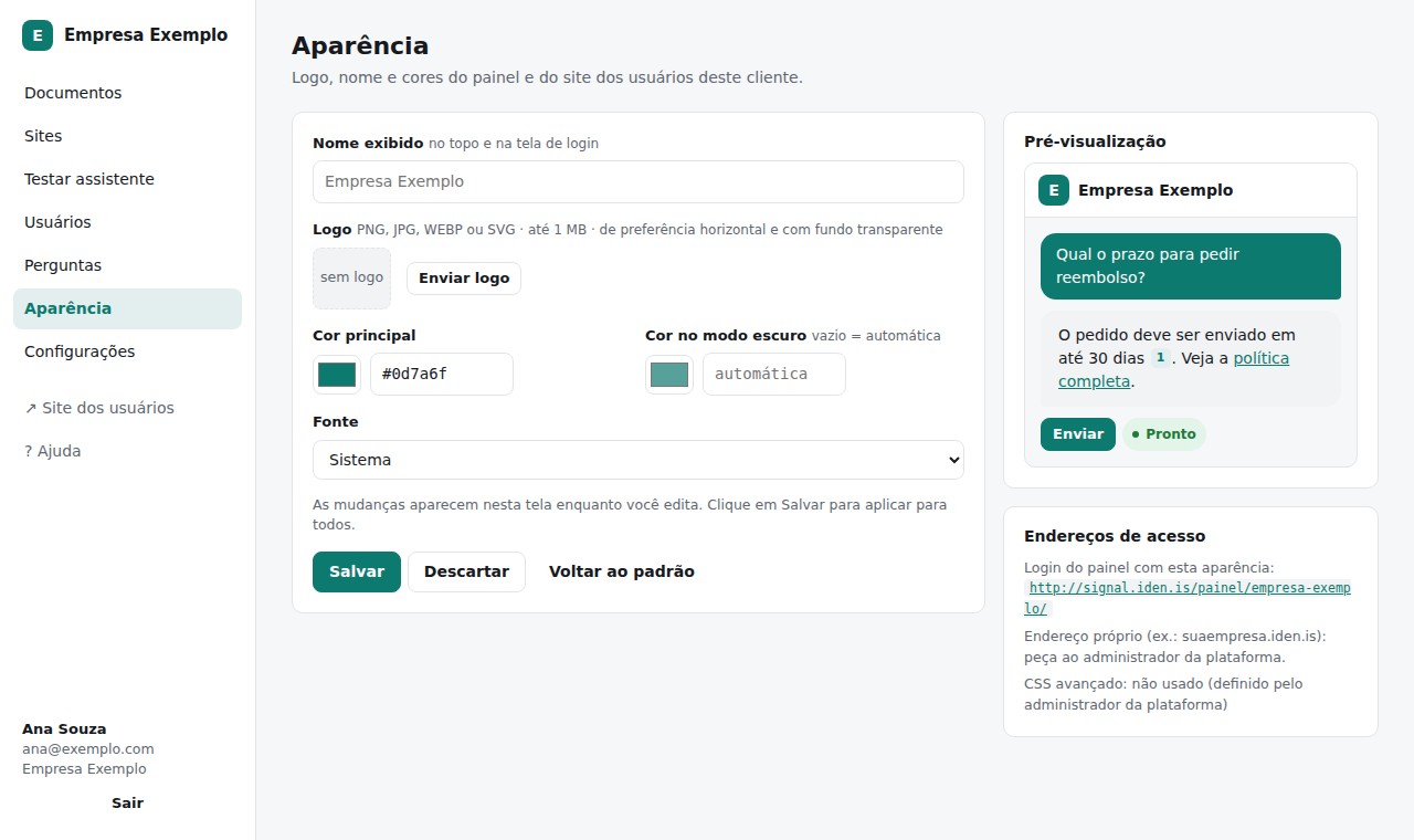 Tela Aparência com formulário e pré-visualização