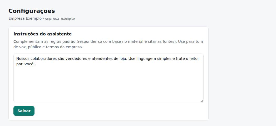 Tela Configurações com as instruções do assistente