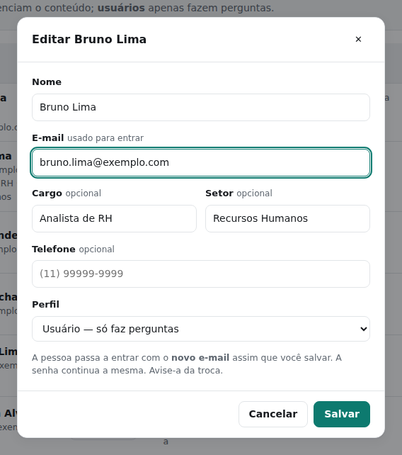 Janela Editar com nome, e-mail, cargo, setor, telefone e perfil