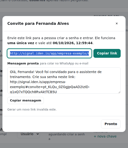 Janela com o link de convite e a mensagem pronta