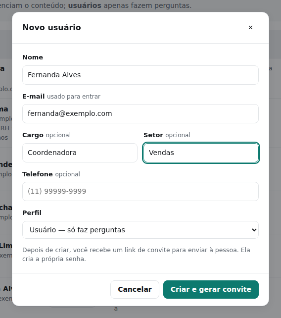 Janela Novo usuário