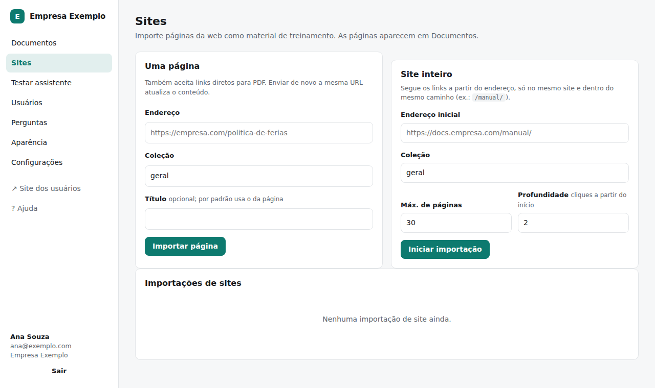 Tela Sites com os formulários Uma página e Site inteiro