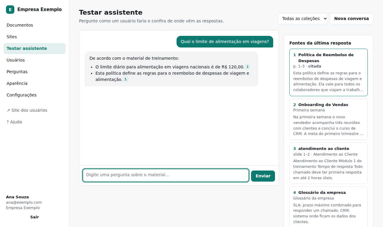 Tela Testar assistente com resposta e fontes