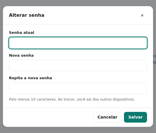 Janela de alterar senha