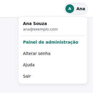 Menu do administrador com o link Painel de administração